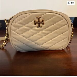 Tory Burch Quilted Beige taupe Crossbody Bag with gold accents